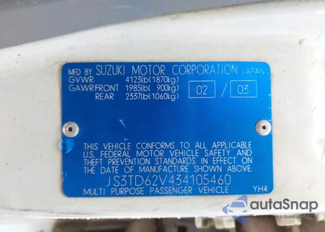 2003 Suzuki Grand Vitara из США, поврежденный, VIN JS3TD62V434105460